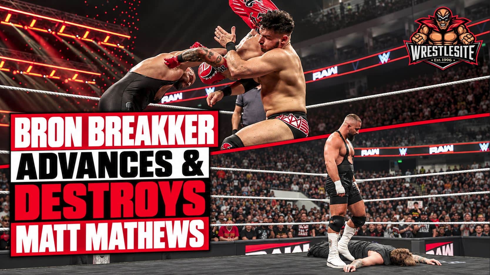 Bron Breakker hits comedian Matt Mathews with a Spear during the September 7 episode of WWE Raw