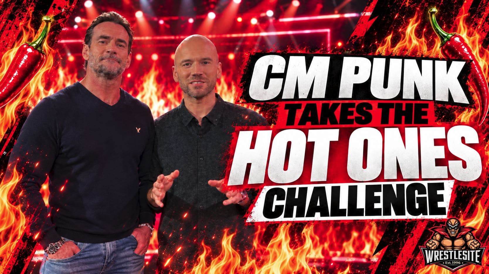 CM Punk prepares to take the Hot Ones wing challenge during a special Netflix episode hosted by Sean Evans