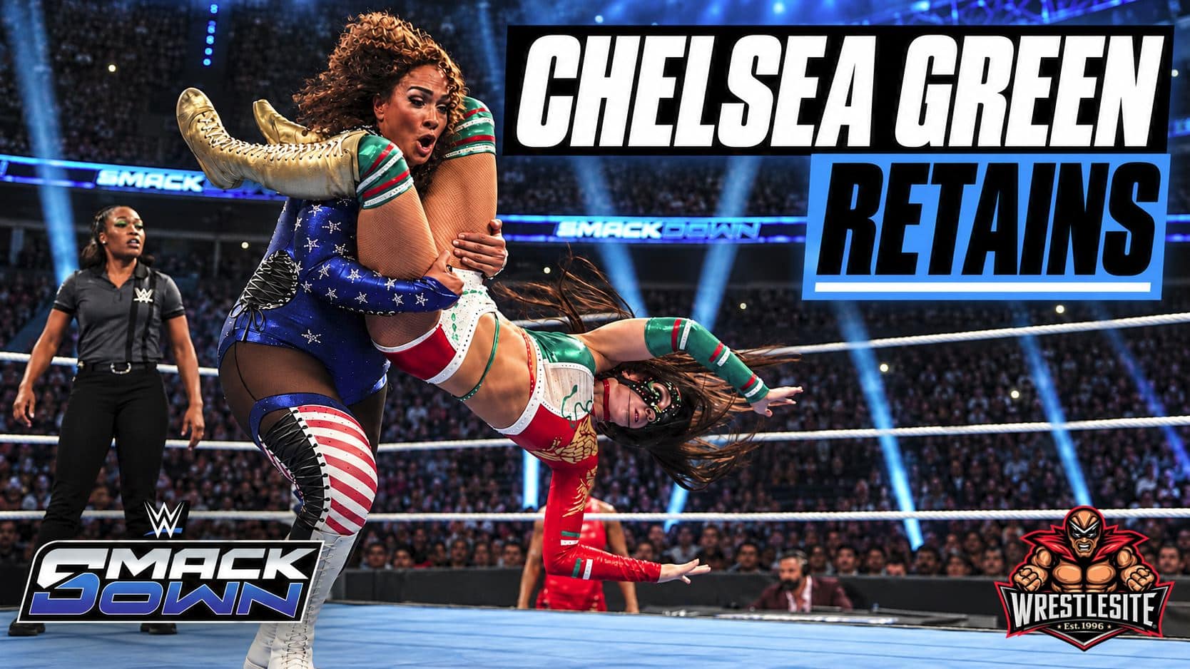 Chelsea Green celebrates after defeating Nia Jax to retain the WWE Women’s Championship on SmackDown