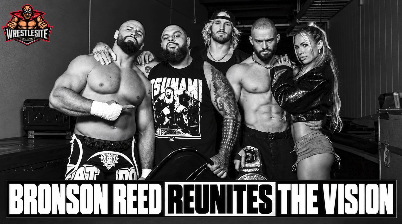Bronson Reed poses backstage with Bron Breakker, Logan Paul, Austin Theory, and Maxxine Dupri following his WWE return