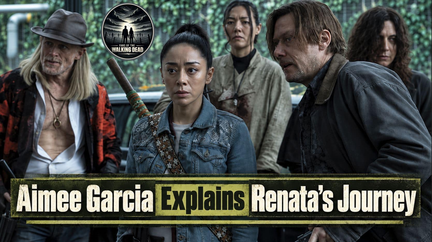 Aimee Garcia as Renata stands beside Lauren Cohan and Jimmi Simpson during The Walking Dead: Dead City Season 3