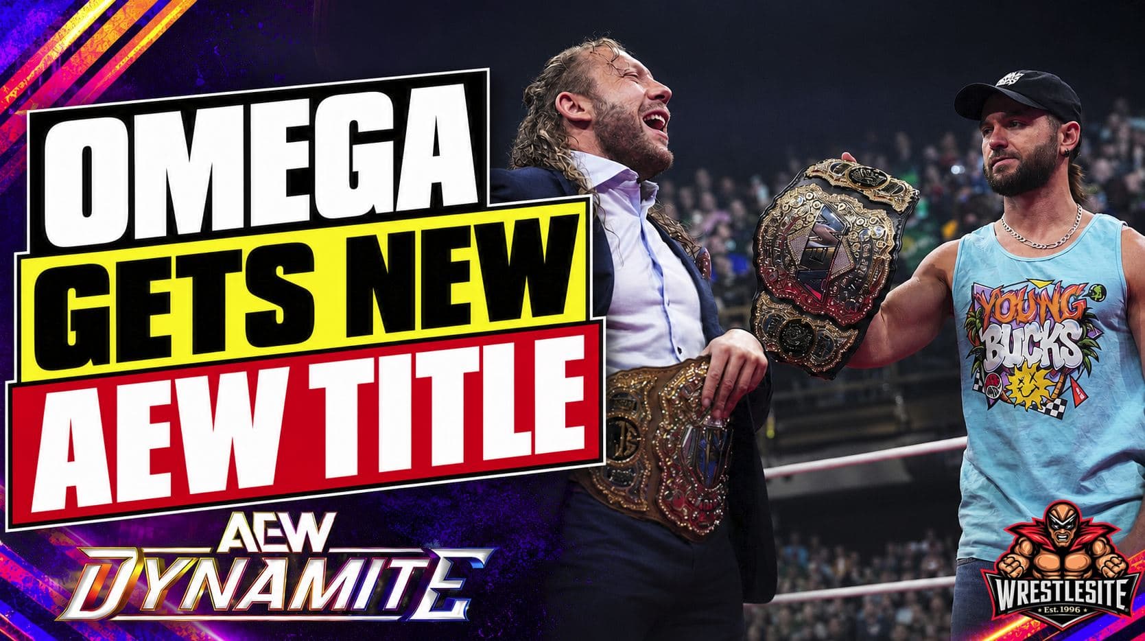 Kenny Omega receives a new AEW World Championship belt from the Young Bucks on Dynamite