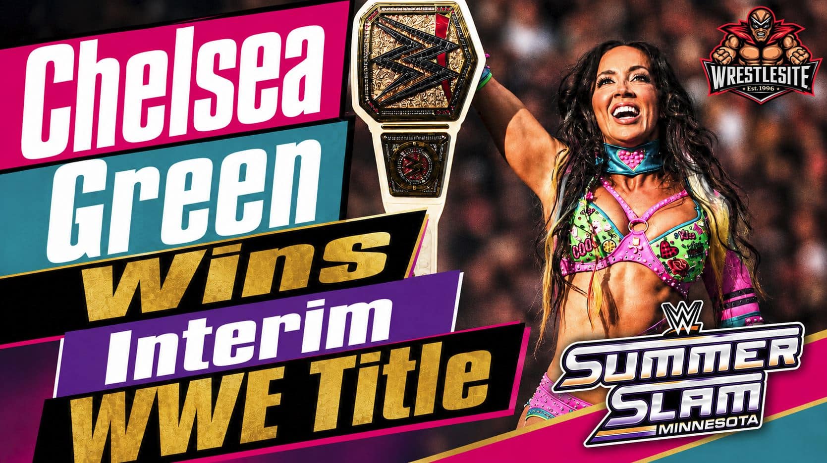 Chelsea Green celebrates after winning the Interim WWE Women’s Championship ladder match at SummerSlam 2026