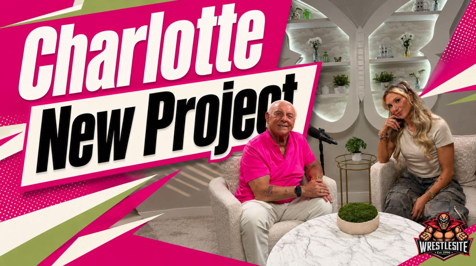 Charlotte Flair and Ric Flair sit near microphones as Ashley Fliehr prepares new Off The Pedestal project