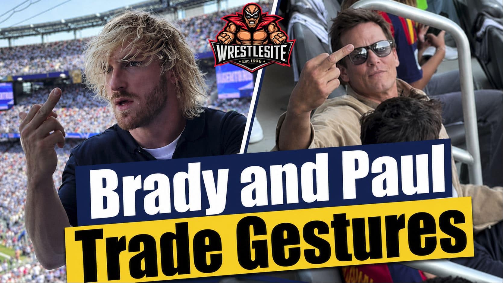 Tom Brady and Logan Paul exchange gestures while seated near each other during FIFA World Cup final