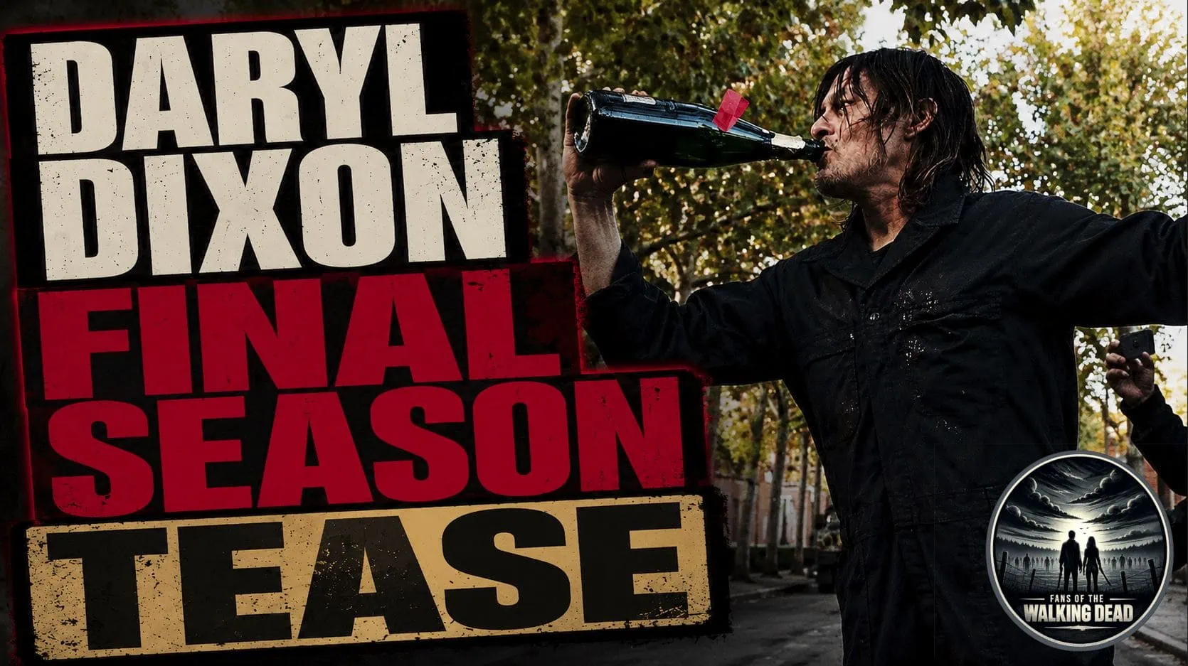 Norman Reedus as Daryl Dixon holds his crossbow looking ahead in a ruined forest