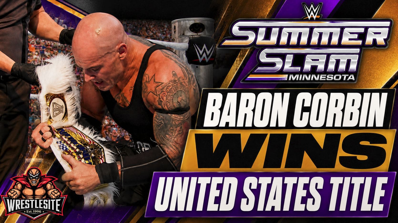 Baron Corbin celebrates after defeating Trick Williams to win the United States Championship at WWE SummerSlam 2026