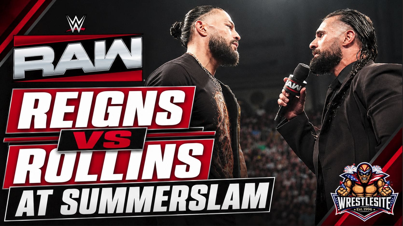 Roman Reigns stands with Jacob Fatu before accepting Seth Rollins’ SummerSlam championship challenge on WWE RAW