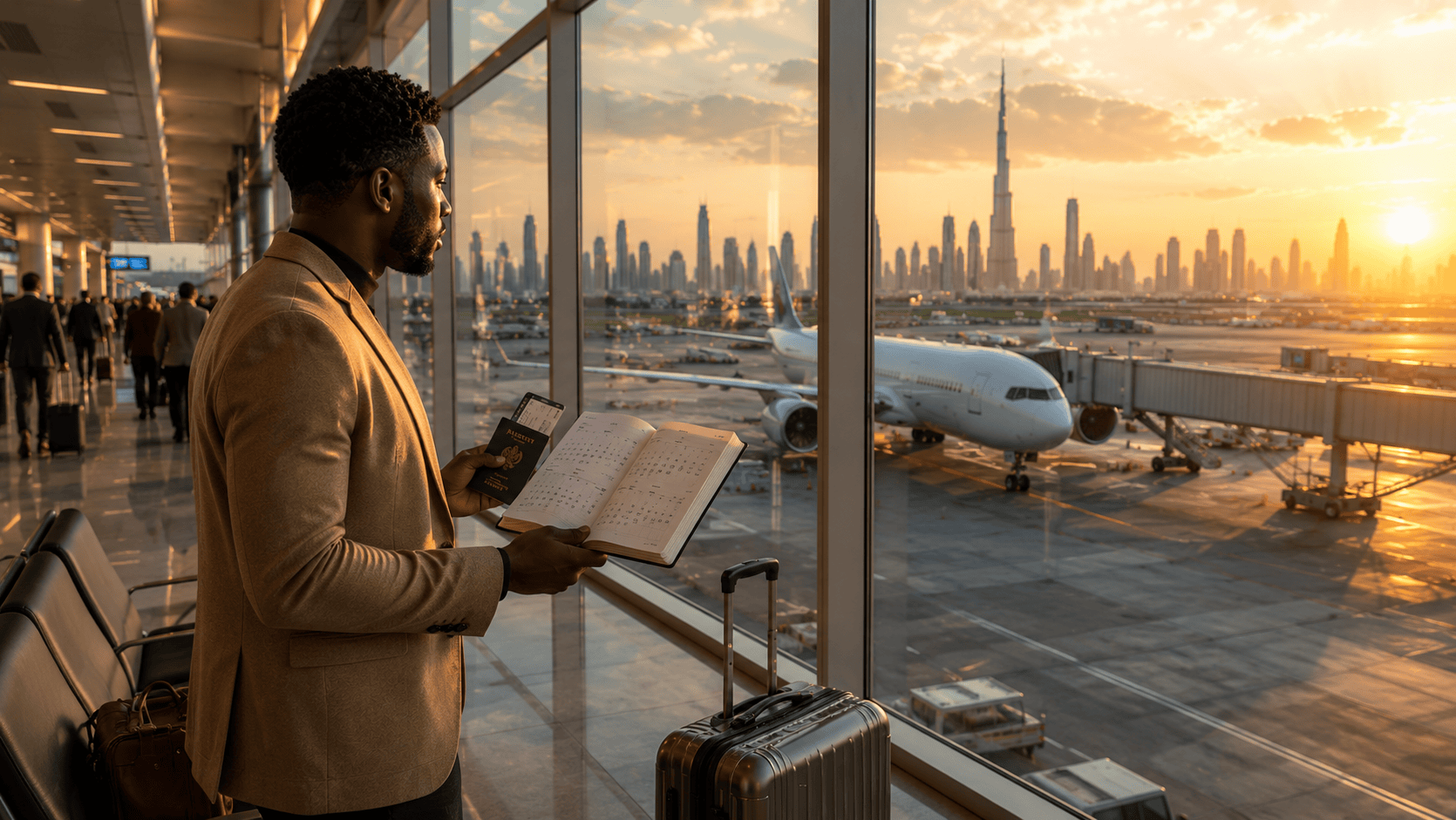 Nigerian traveler at an airport terminal reviewing travel dates and passport while overlooking a commercial aircraft and Dubai skyline during sunset, illustrating the cheapest month to fly from Lagos to Dubai.