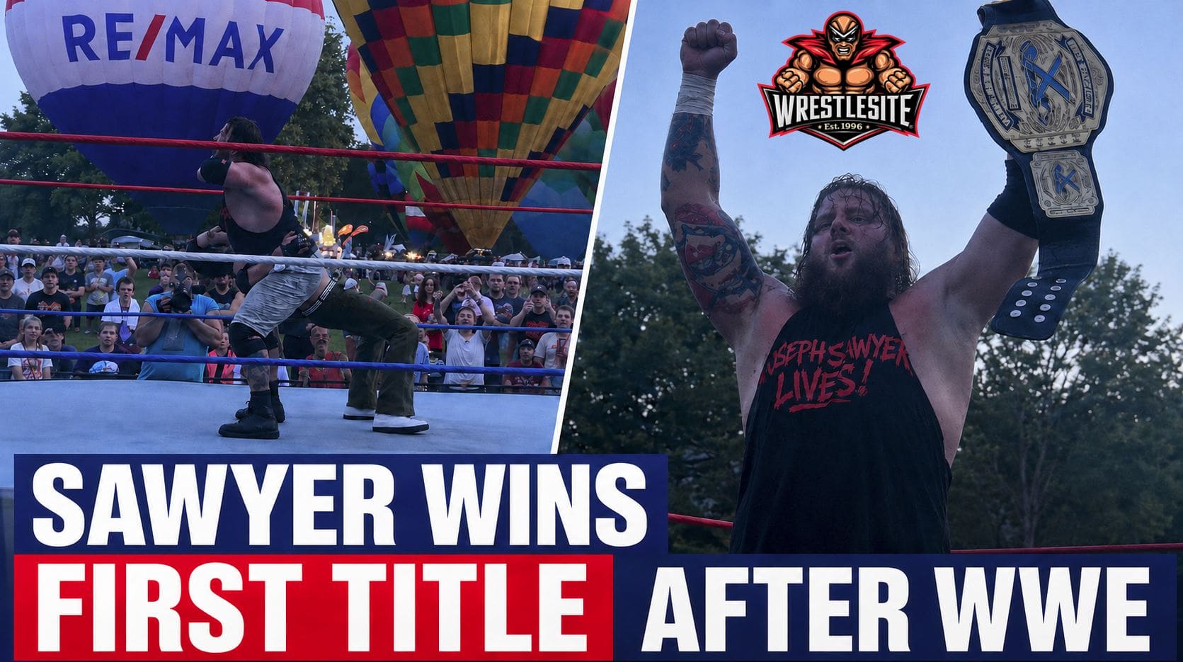 Joseph Sawyer celebrates after winning the Xcite Wrestling Heavyweight Championship