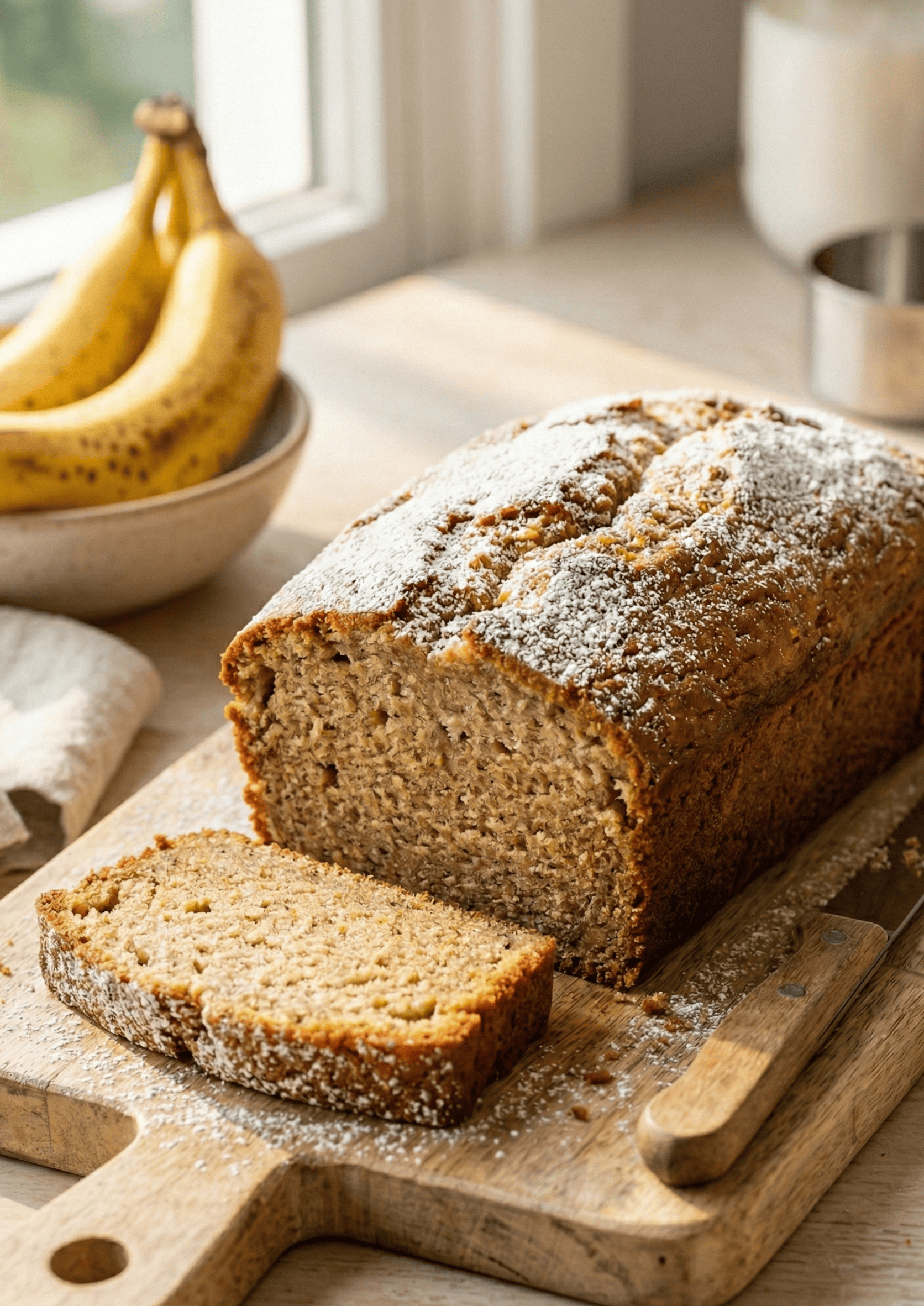 Banana bread on a cutting board with bananas on the counter