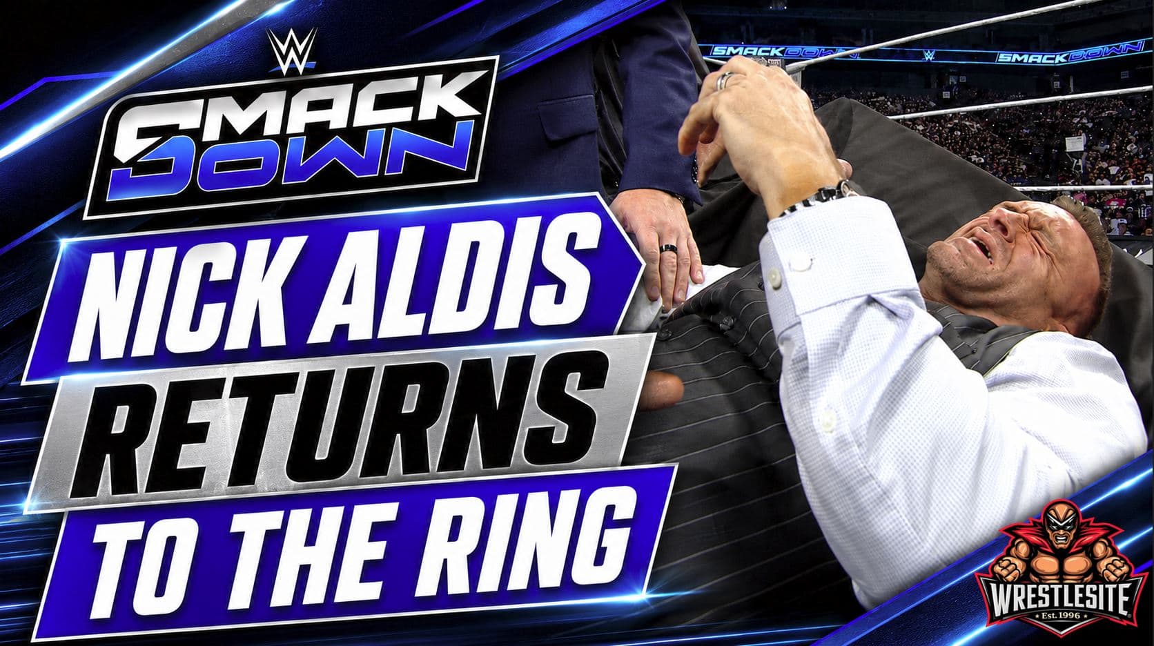 Nick Aldis confronts Gunther during a heated WWE SummerSlam contract signing before being powerbombed through a table