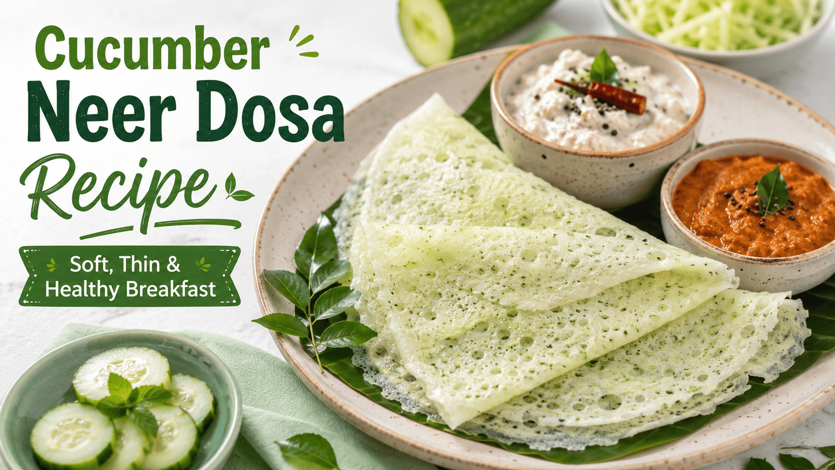 Cucumber neer dosa recipe with soft thin rice dosas, coconut chutney, tomato chutney, cucumber slices, and fresh curry leaves for a healthy breakfast. USA Food recipes, food recipes, food blog, write for us, GBOB, guest post, Free backlinks, bestgoodfoodblog.com