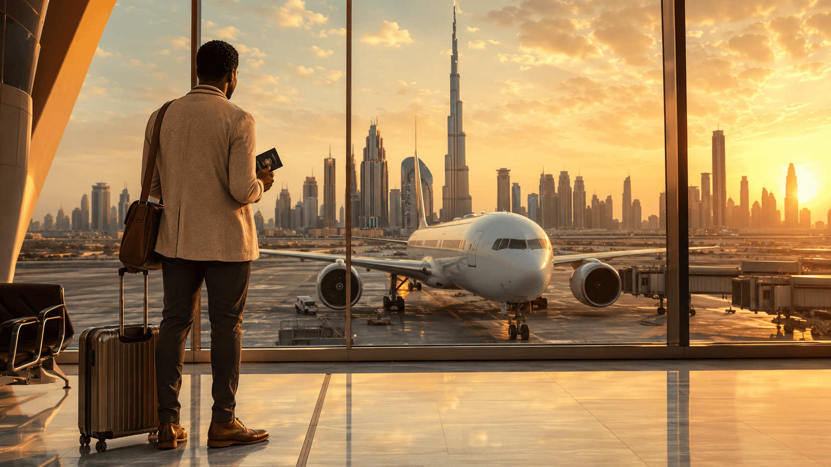 Nigerian traveler standing inside a modern airport terminal with luggage and passport, overlooking a commercial aircraft and Dubai skyline at sunset.