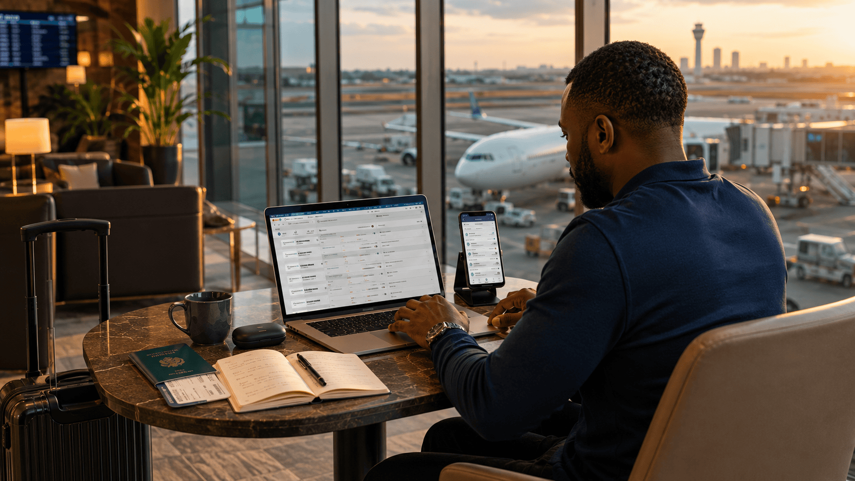 Nigerian traveler comparing airline options on a laptop in an airport lounge with aircraft visible outside, comparing airline prices