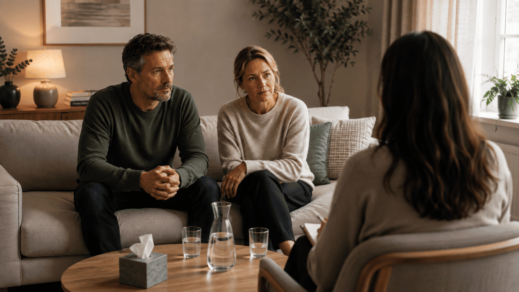 Couple on a beige sofa talking with a therapist taking notes in a cozy living room.