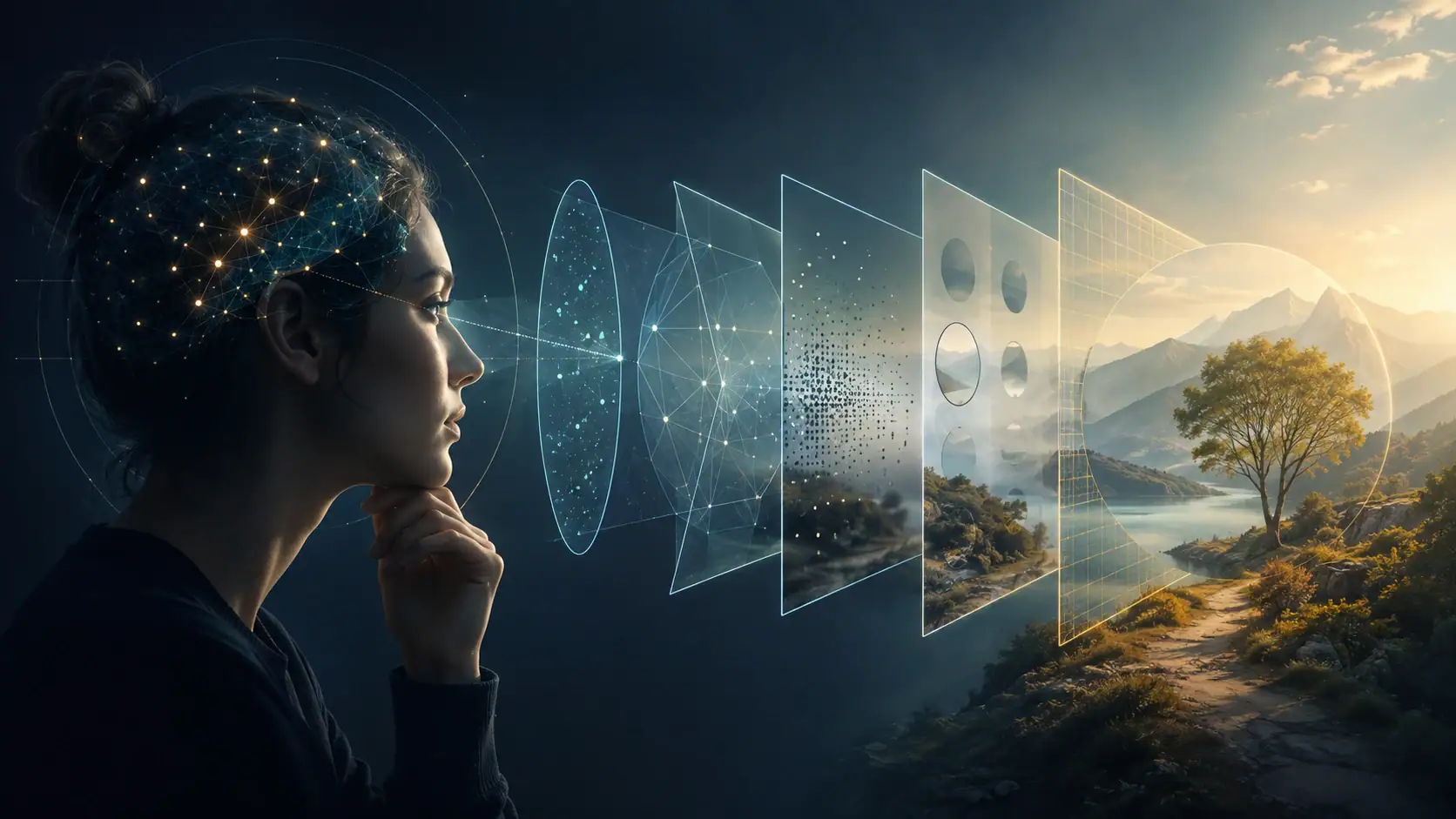 Person looking through layered perceptual filters toward a landscape, illustrating how mental models shape perception.