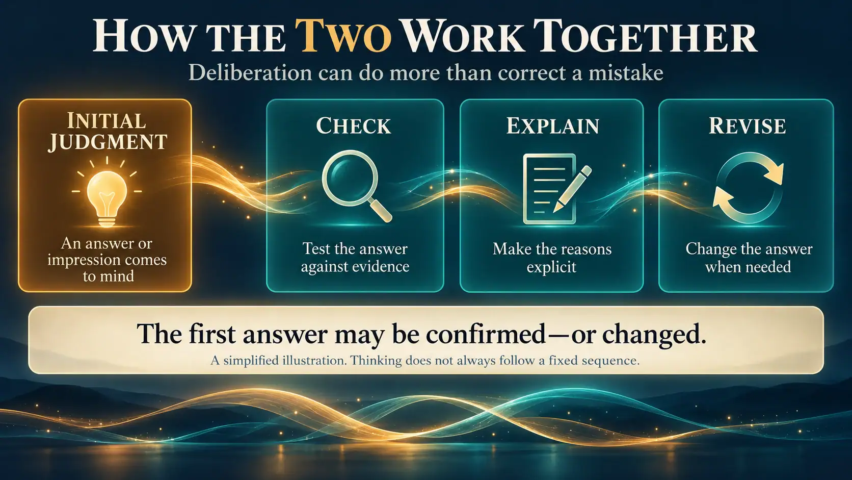 Initial judgment alongside checking, explaining, and revising, with a note that thinking does not always follow a fixed sequence.