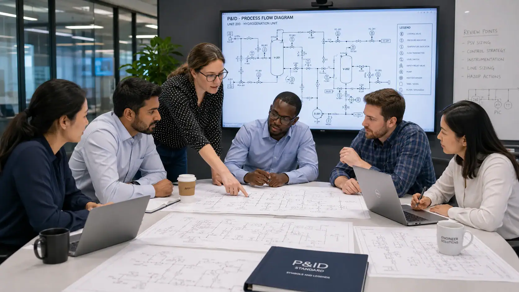 Project engineering team discussing P&ID