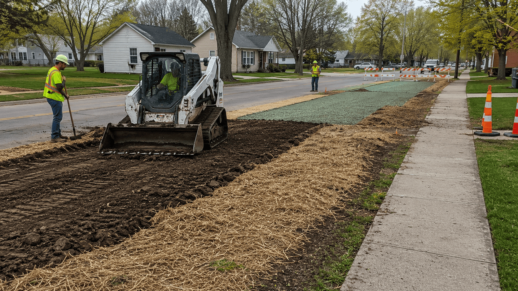Ground being repaired after in-town utility work in Bloomington Normal Illinois with grading, straw, hydroseeding, and cleanup