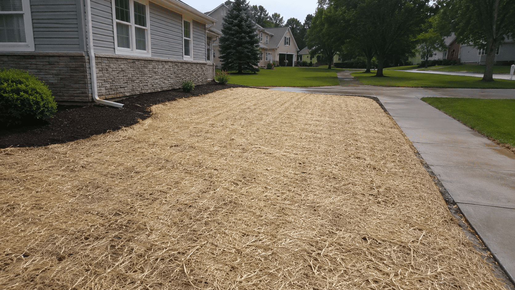 Residential ground recovery with protective straw covering to help stabilize soil and hold shape after disturbance