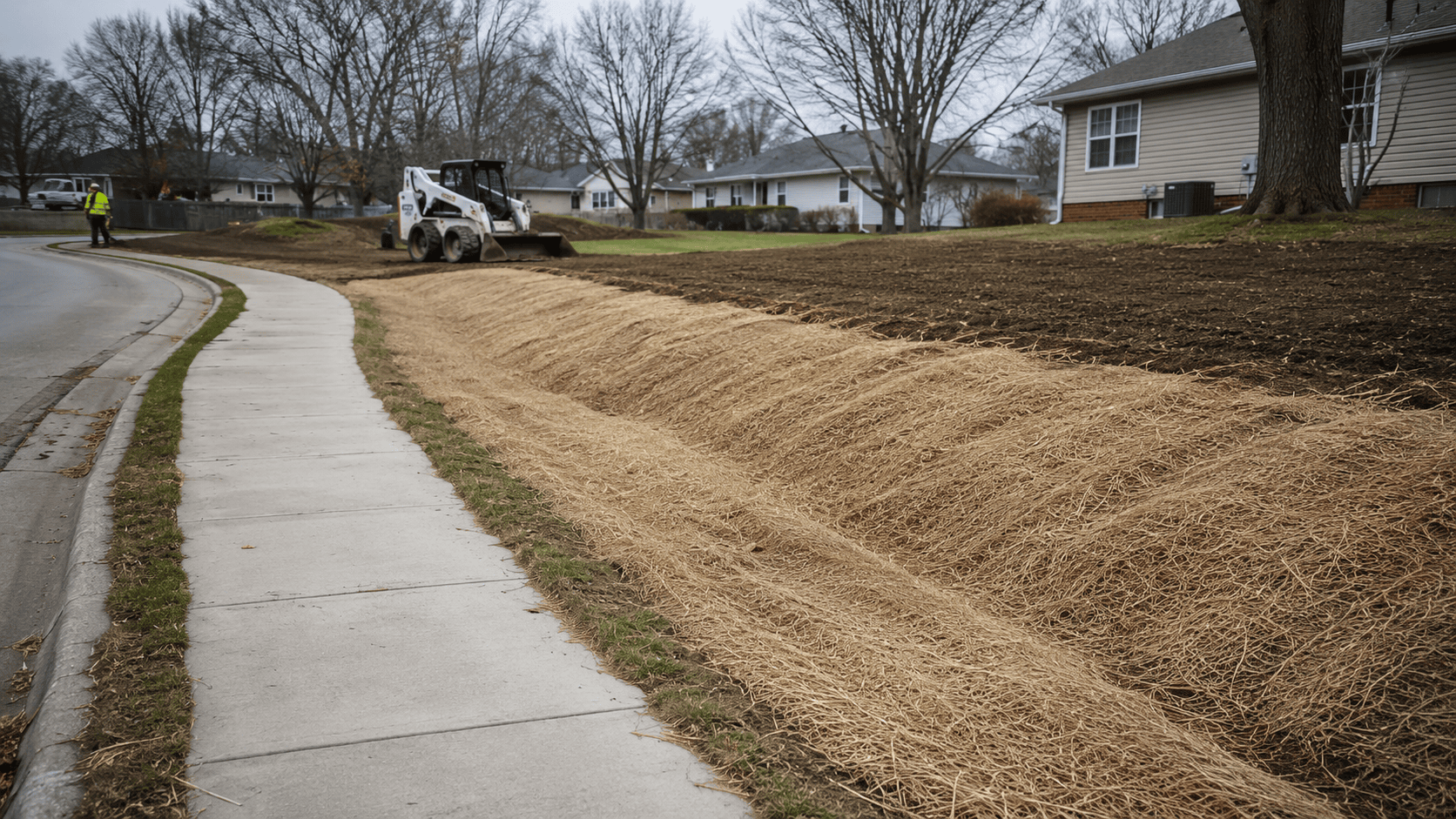 Soil stabilization after utility work in Central Illinois showing sloped ground protection and restored residential land