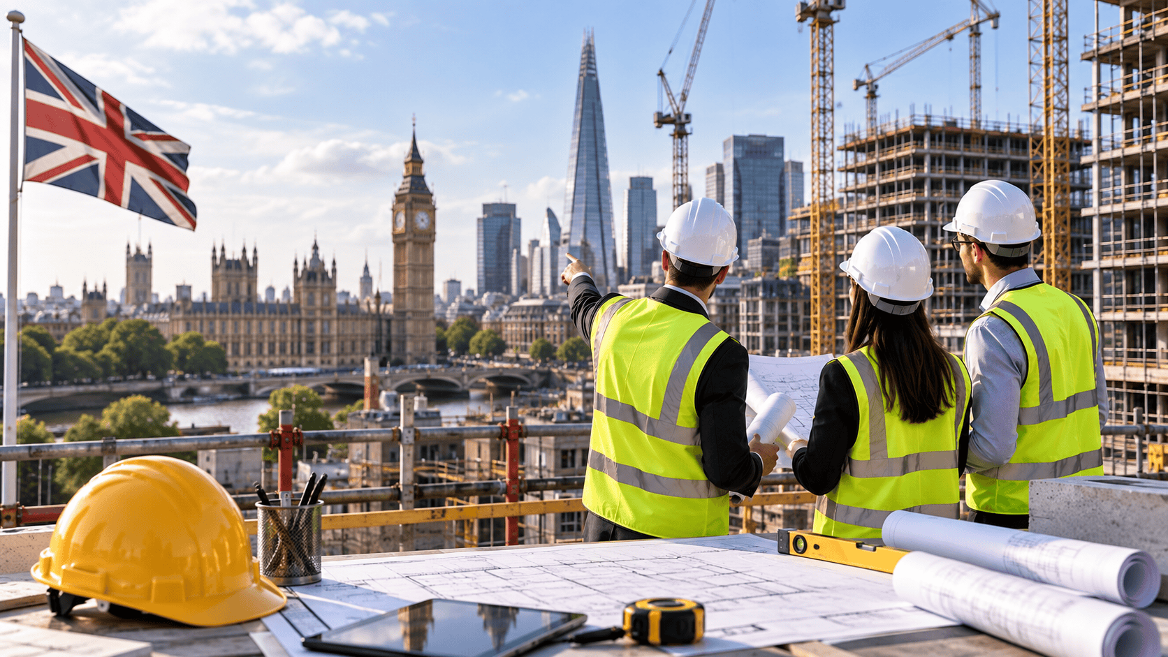 Construction leadership team reviewing plans on a London rooftop overlooking Westminster and the Thames