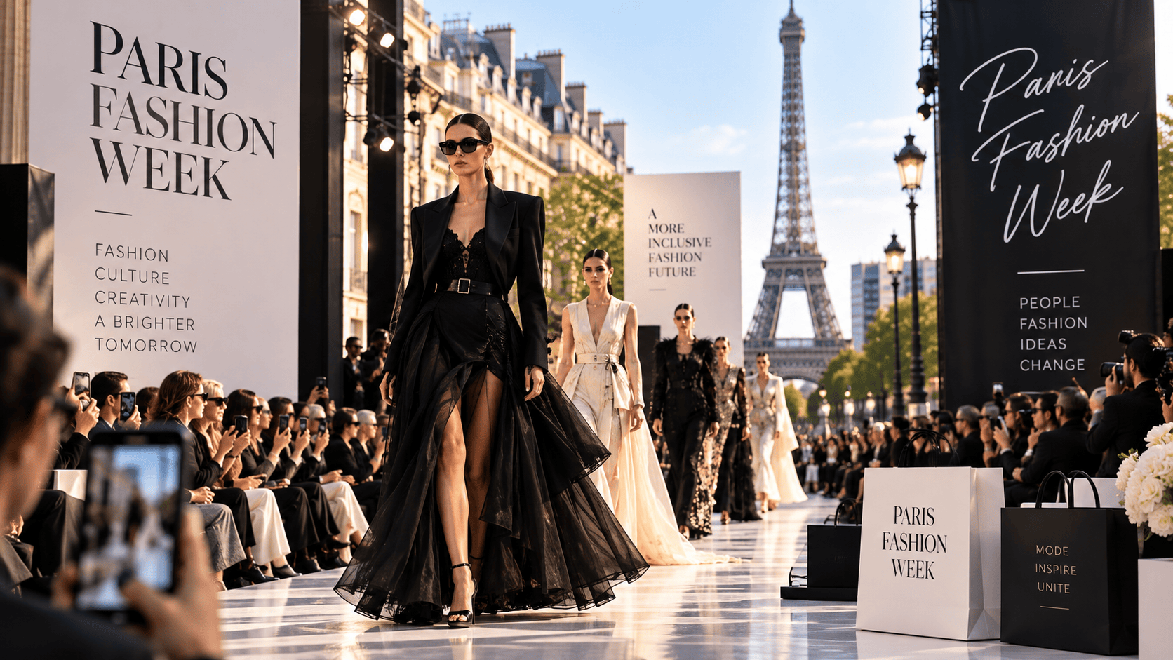 Models on the runway at a Paris Fashion Week show with photographers and press lining the catwalk