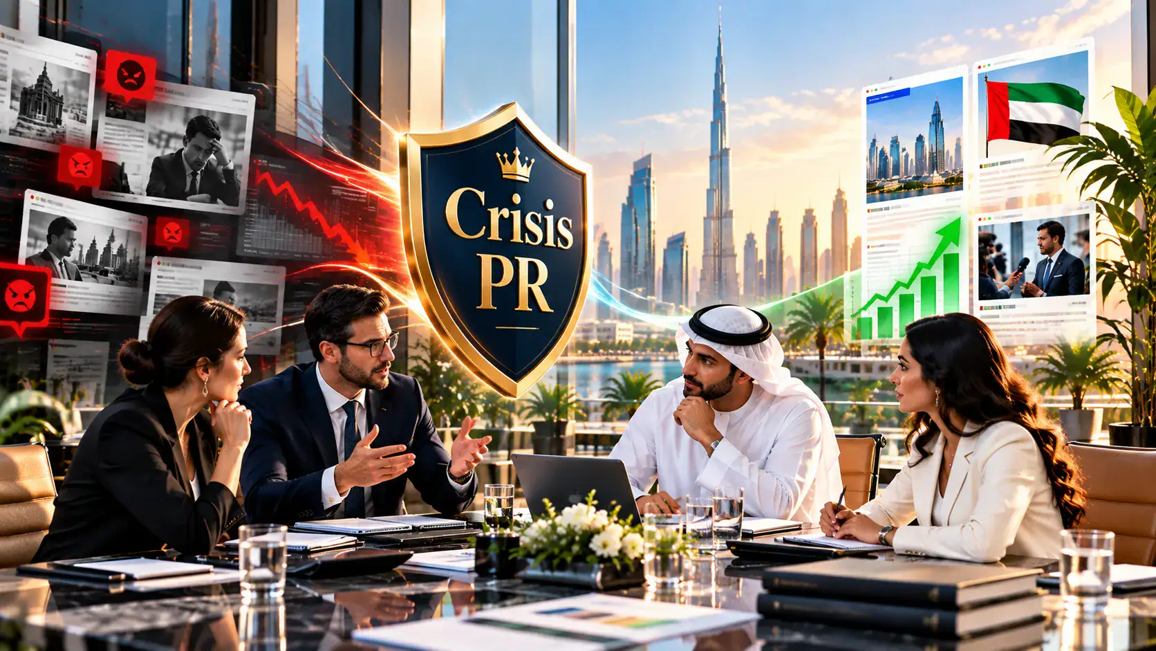 Crisis PR team in Dubai meeting with a client as negative news turns into positive coverage and a reputation shield