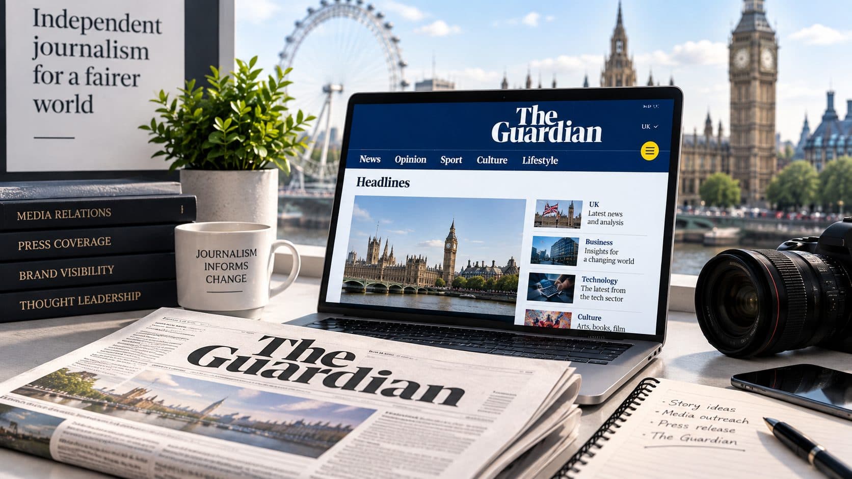 Newspaper and laptop showing national press coverage, the independent sources Wikipedia notability is built on