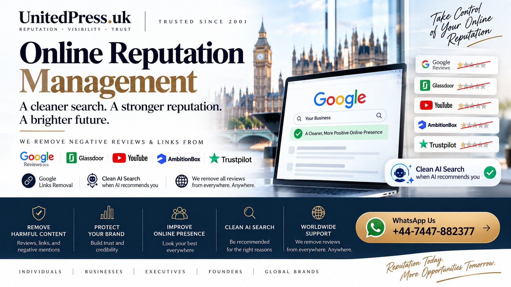 Best Online Defamation Removal in the UAE 6 United Press online reputation management overview showing Google results and review platforms