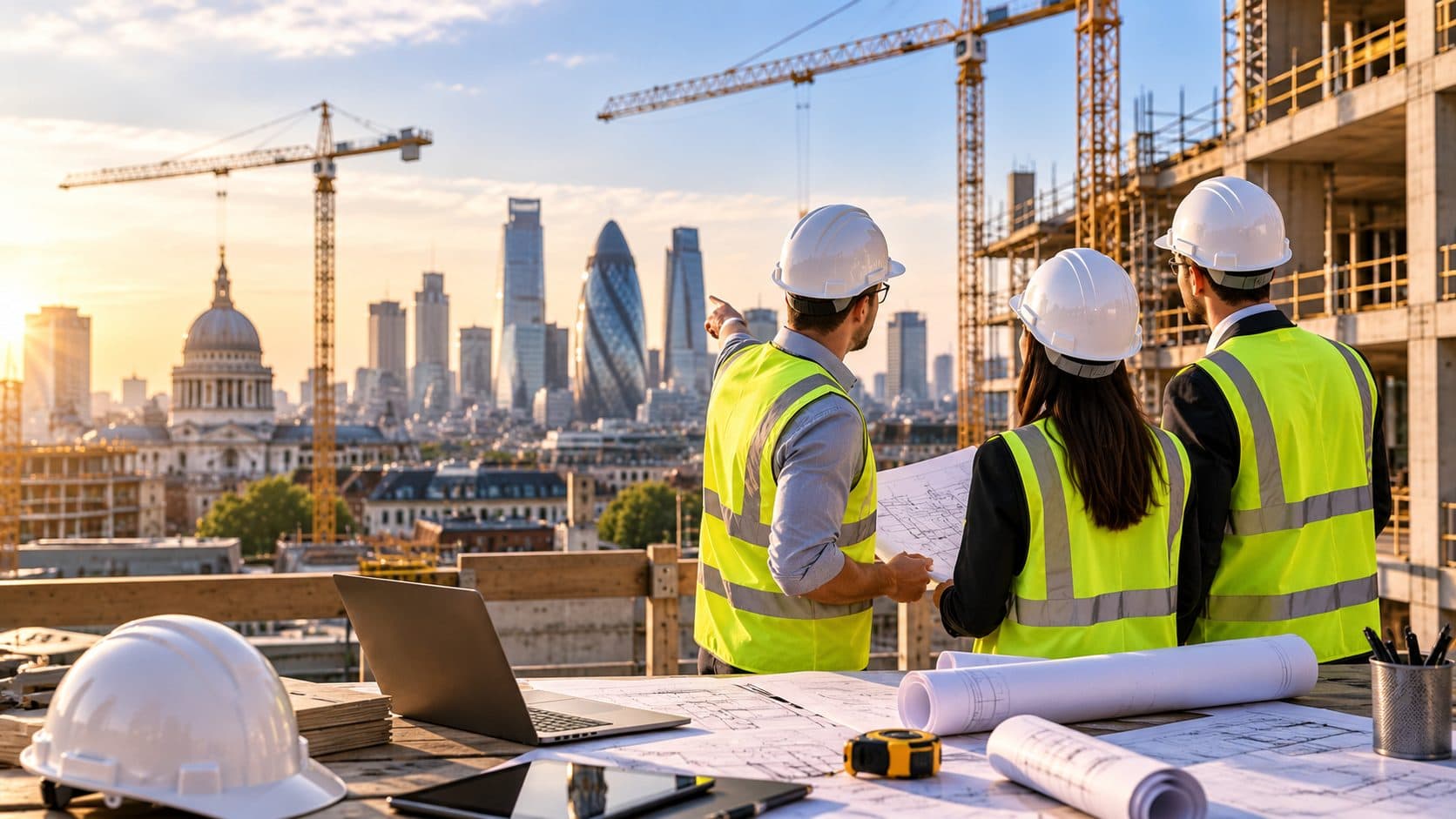 Property PR agency UK - developers in hard hats reviewing plans on a London construction site with cranes and the city skyline