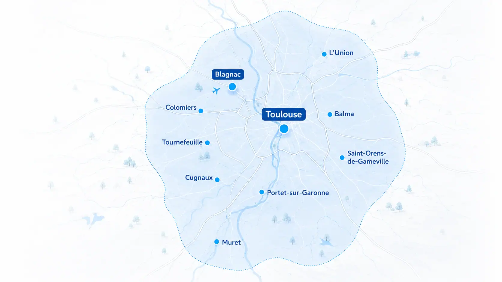 Carte des zones d’intervention de White Net à Toulouse, Blagnac, Colomiers, Tournefeuille, Balma, L’Union, Saint-Orens-de-Gameville, Cugnaux, Portet-sur-Garonne et Muret.