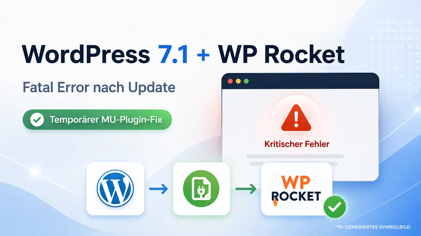 Grafik zu WordPress 7.1 und WP Rocket mit Hinweis auf einen kritischen Fehler nach dem Update und einen temporären MU-Plugin-Fix.