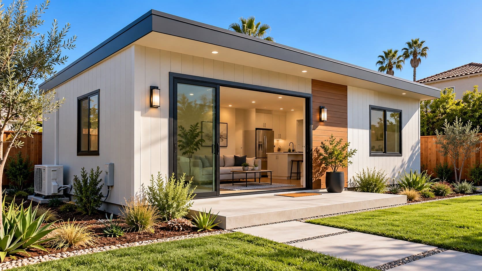 Modern prefab ADU in a California backyard with white board-and-batten siding, a wood accent wall, a large glass slider, concrete patio and drought-tolerant landscaping