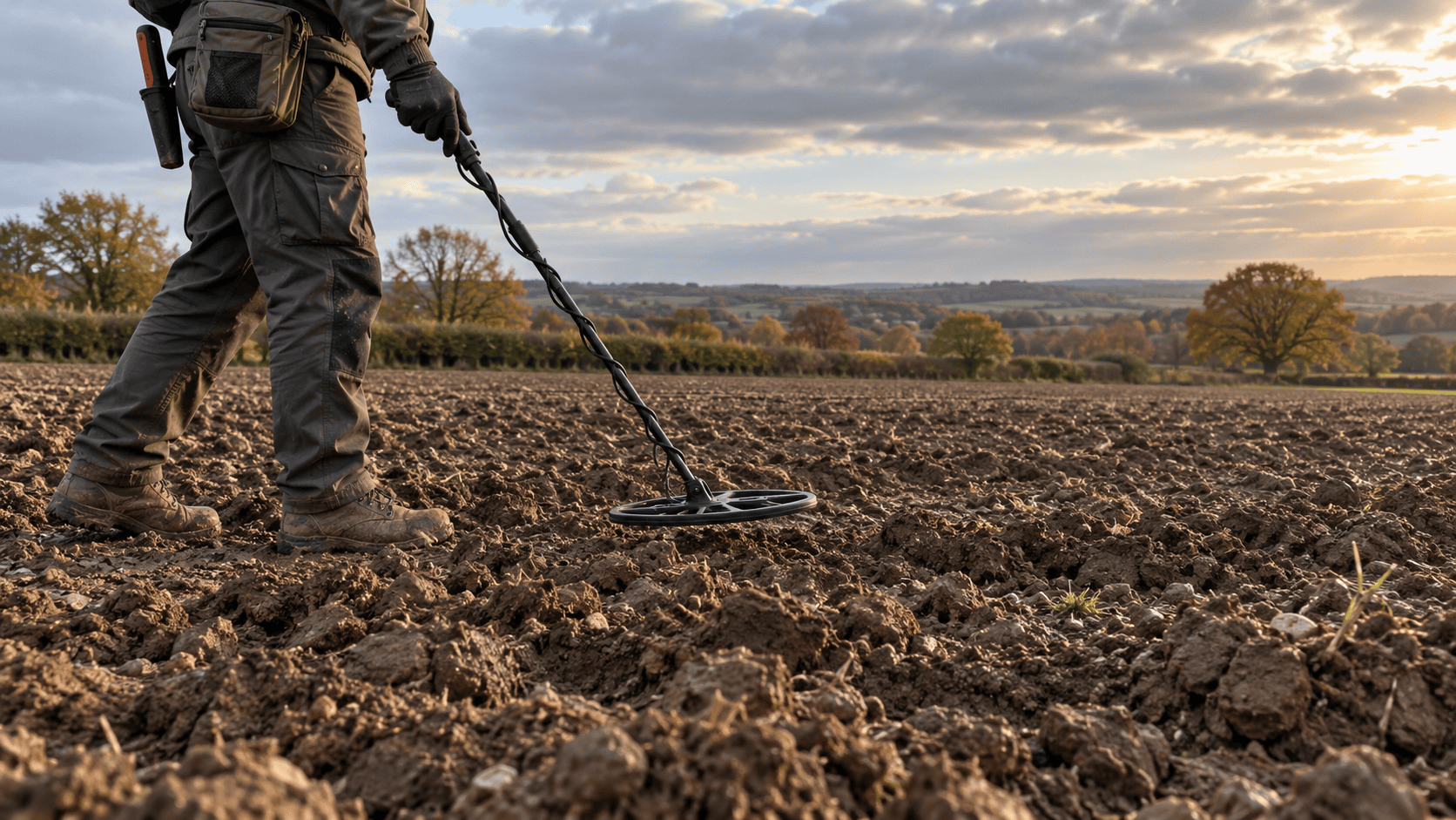 Sweeping a metal detector low over the furrows of a freshly ploughed field during a controlled search exercise.