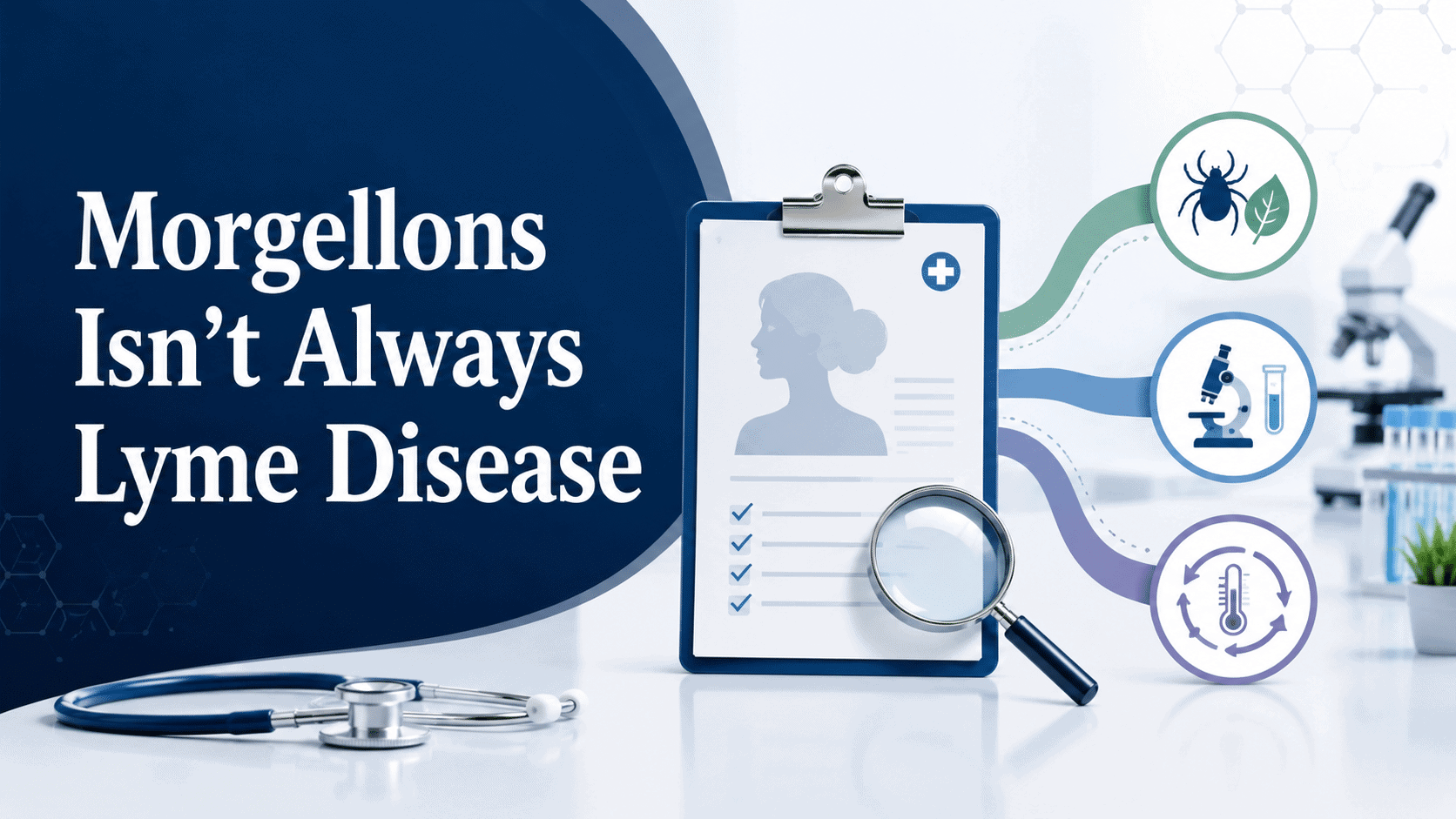 Medical-style featured image reading “Morgellons Isn’t Always Lyme Disease,” with a patient chart, magnifying glass, microscope, tick icon, and diagnostic pathways representing careful investigation.