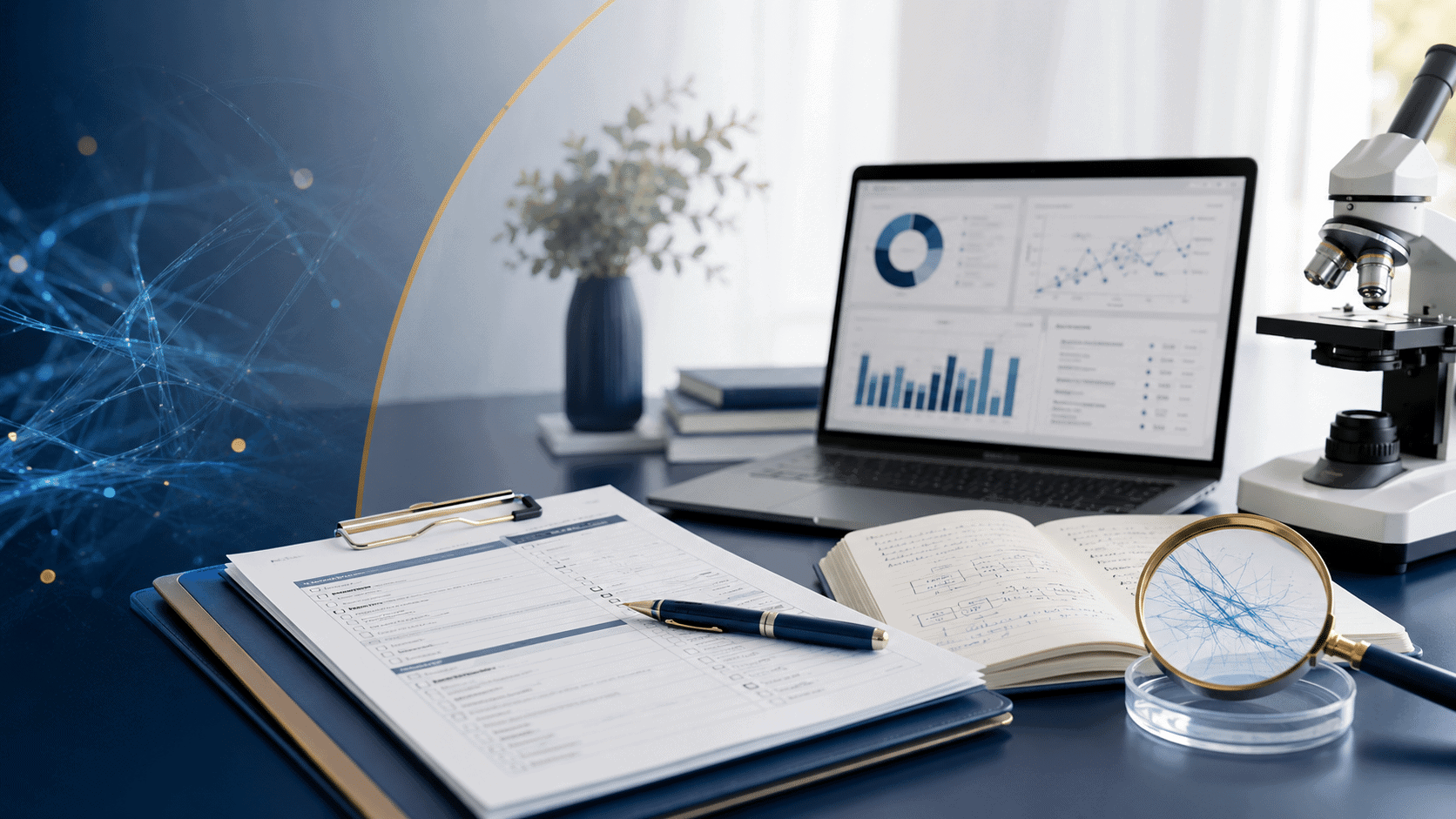 Patient survey forms, research notes, microscope, laptop charts, and blue fiber imagery representing support for Morgellons Survey research and advocacy.