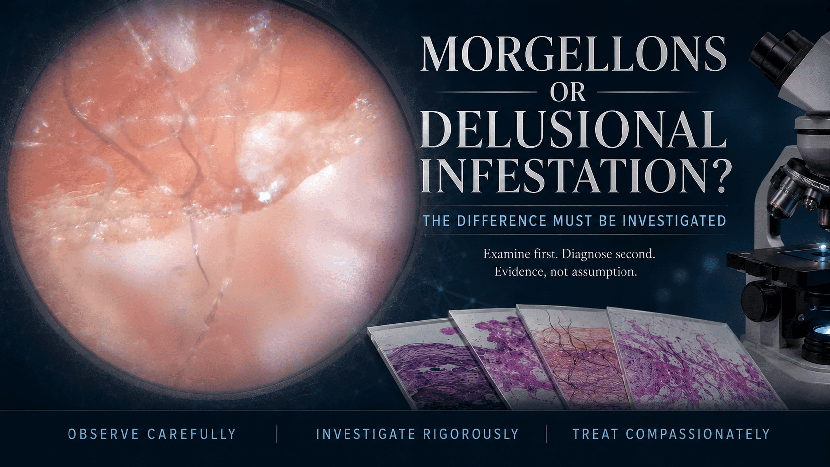 Featured image for an article comparing Morgellons disease and delusional infestation, showing a magnified skin lesion, microscope, and histology imagery.