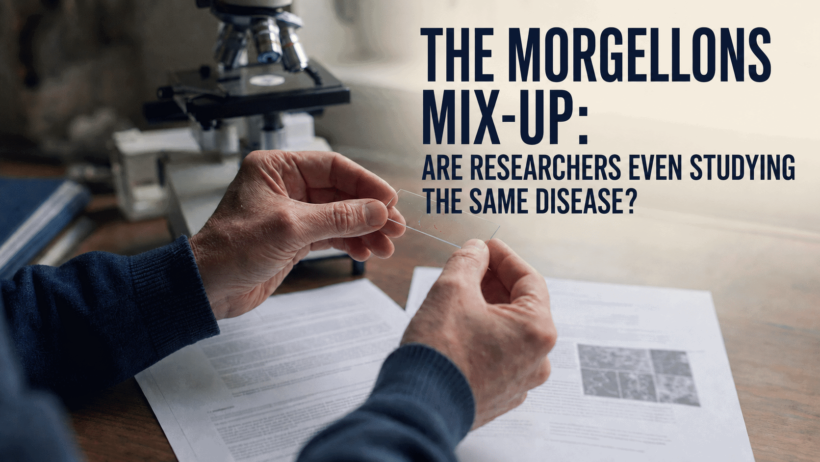 Patient advocate examining a microscope slide beside Morgellons research papers, illustrating conflicting study definitions.