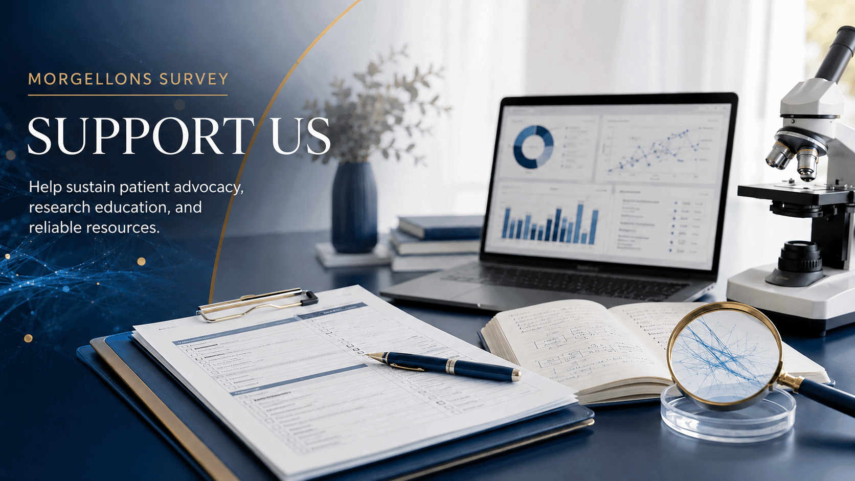 Morgellons Survey support page graphic with research forms, data charts, microscope, books, and a magnifying glass examining blue fibers.