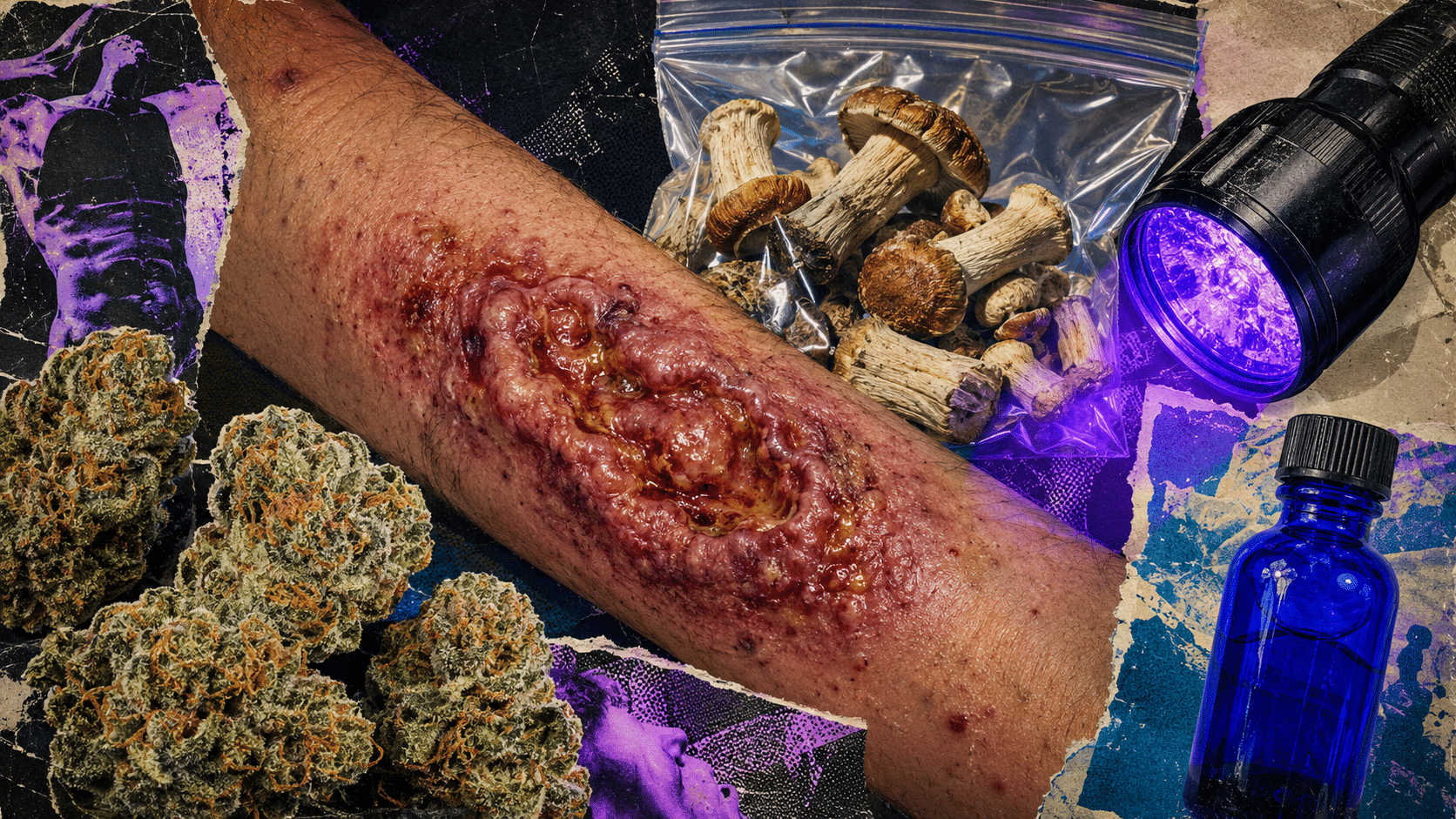 1990s-style editorial collage showing a severe slow-healing skin lesion with cannabis buds, bagged mushrooms, a black light and a blue bottle for an article about Morgellons lesion treatment
