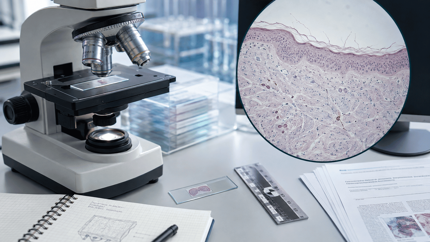Microscope and skin-biopsy slide beside a magnified histology section and medical research papers.