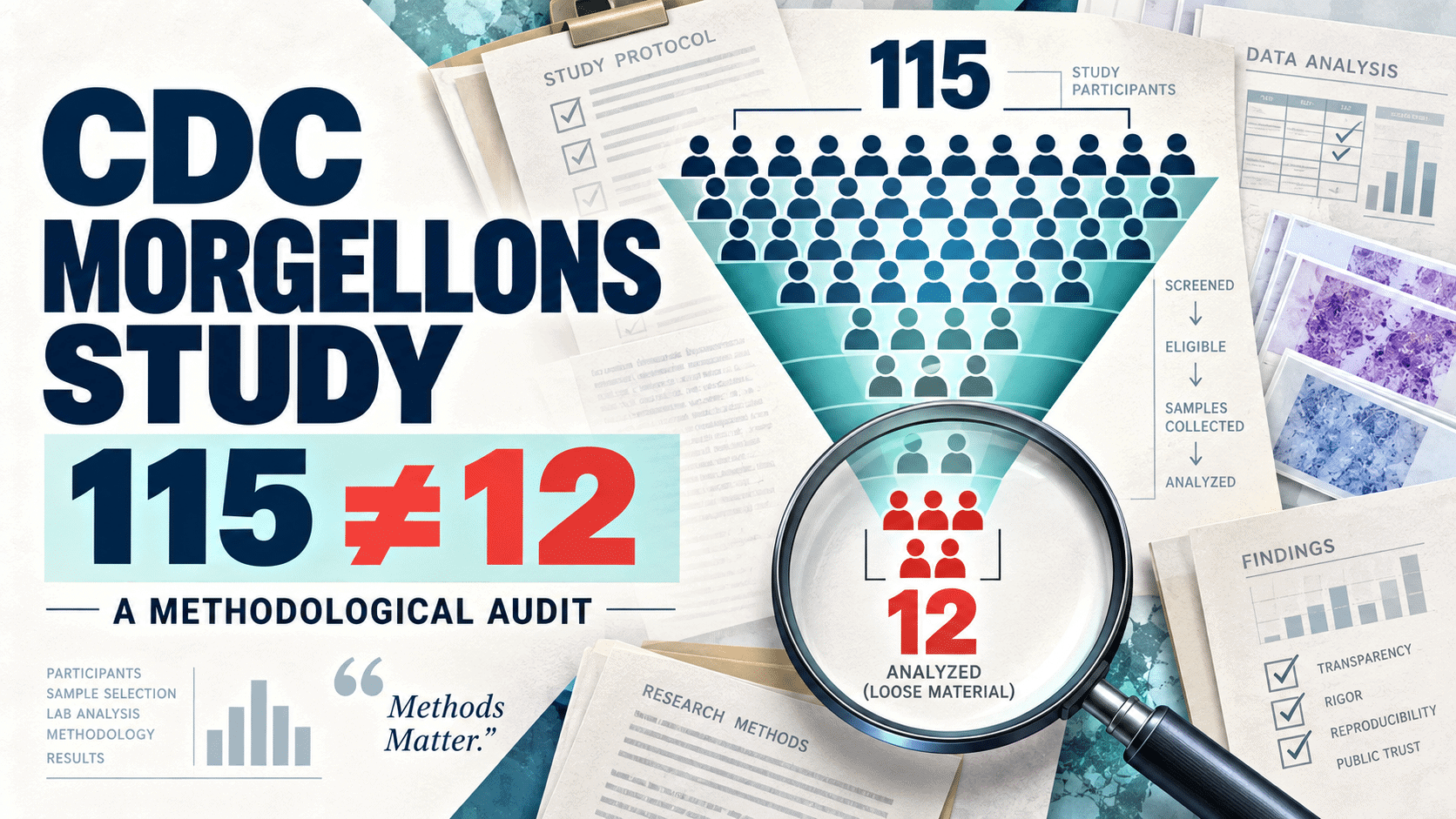 Illustrated audit of the CDC Morgellons study showing 115 participants narrowing to 12 loose-material donors.