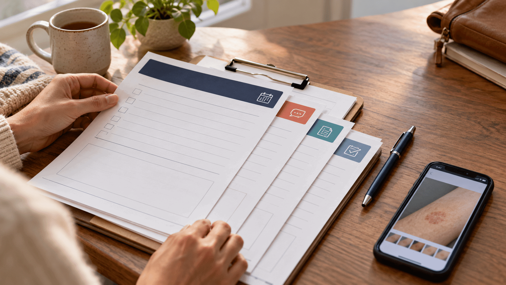 Patient organizing clinical visit forms on a clipboard beside a phone displaying a skin photograph.