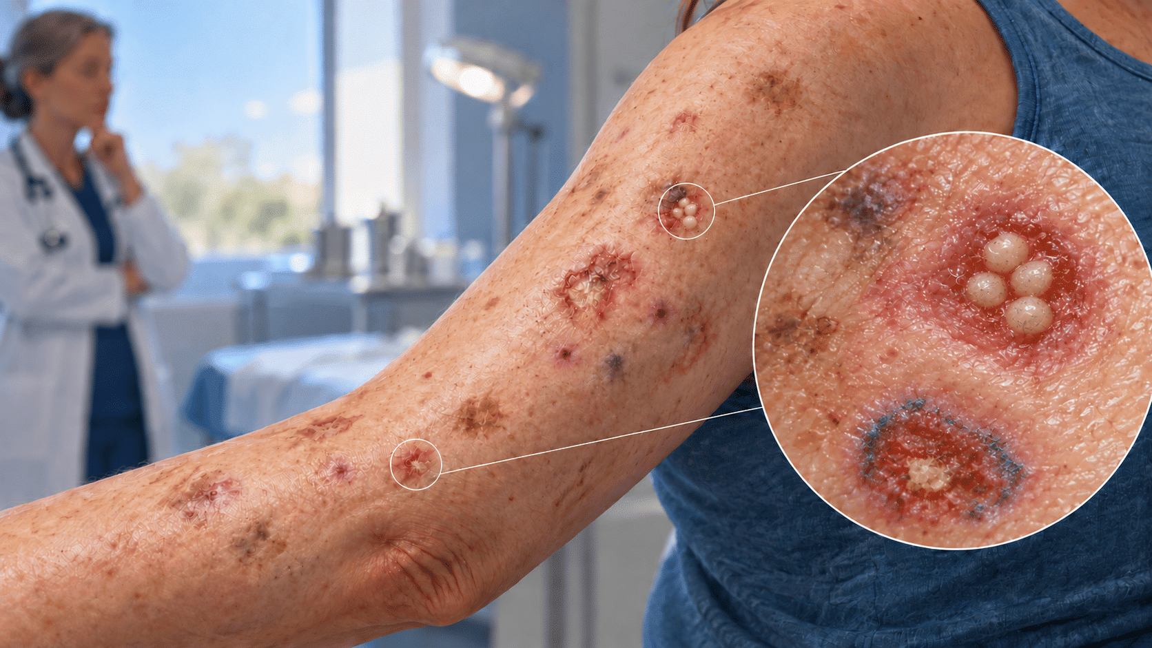 Medical illustration of an arm with recurrent skin lesions, pigment changes, purple spots, raised white nodules, and magnified lesion details.