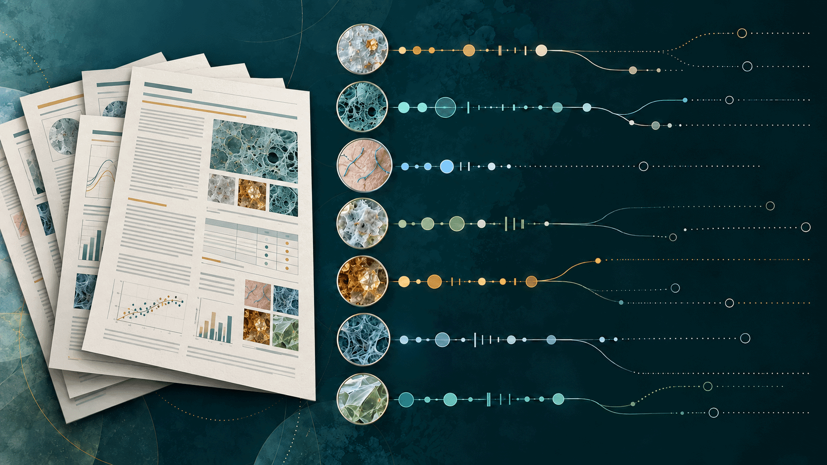 Fanned research papers beside seven color-coded paths representing questions in Morgellons research.