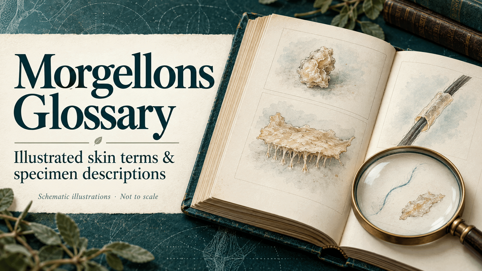 Morgellons Glossary cover showing an open book with schematic specimen drawings and a magnifying glass.