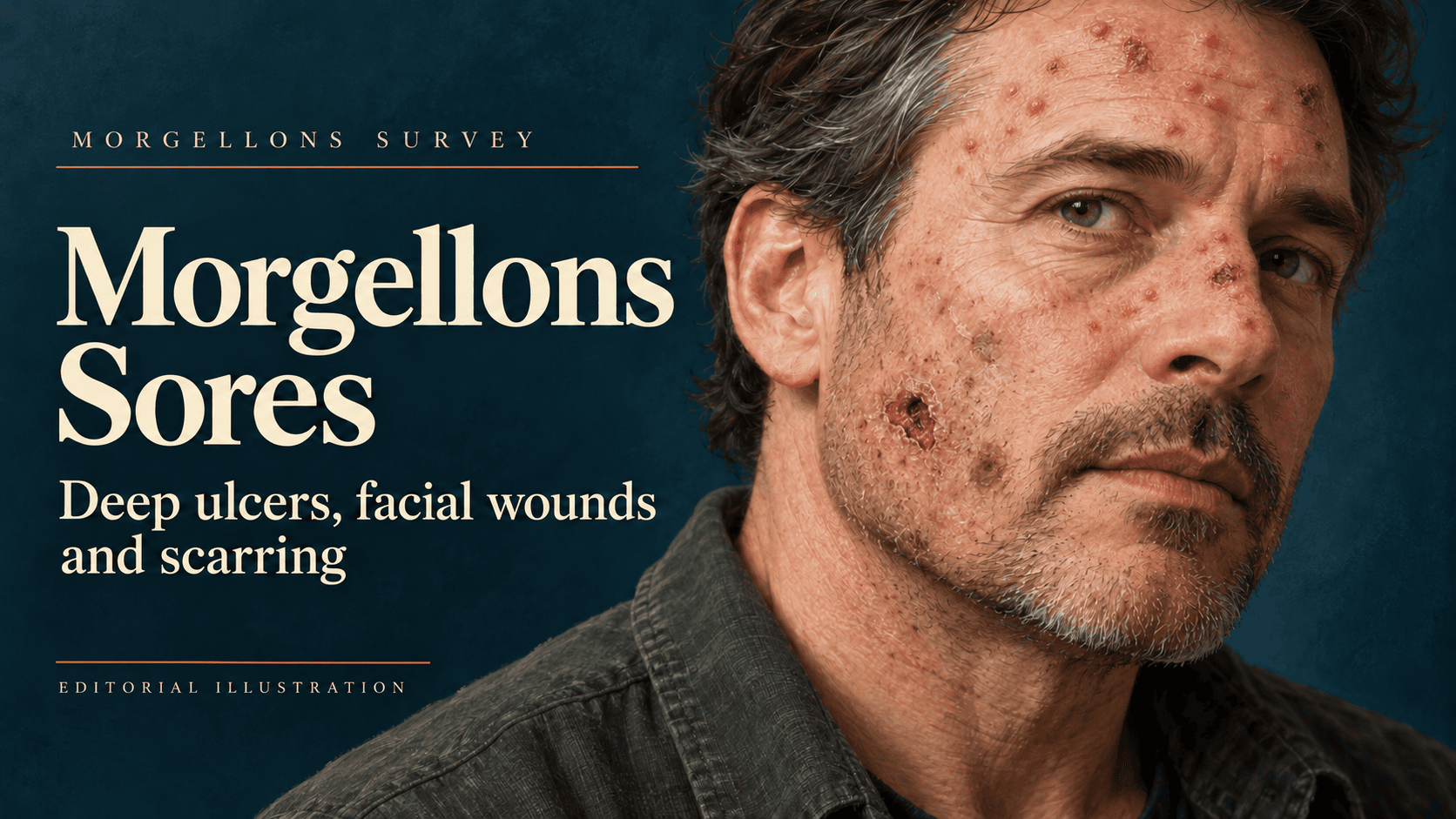 Editorial illustration of a man with a cheek wound, scars, and sores and raised papules on his forehead and nose beside the title Morgellons Sores.