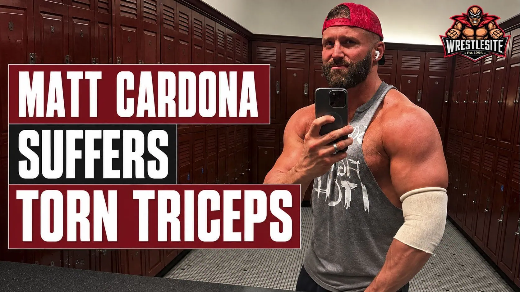 Matt Cardona shows a swollen arm after suffering torn triceps during his latest WWE wrestling match